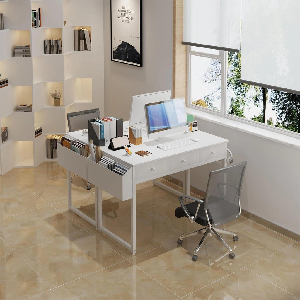 Lufeiya Kleiner Schreibtisch Weiß mit 3 Schubladen,PC Schreibtisch 100cm Klein Computertisch mit Stauraum für Büro HomeOffice 100x50x79 cm