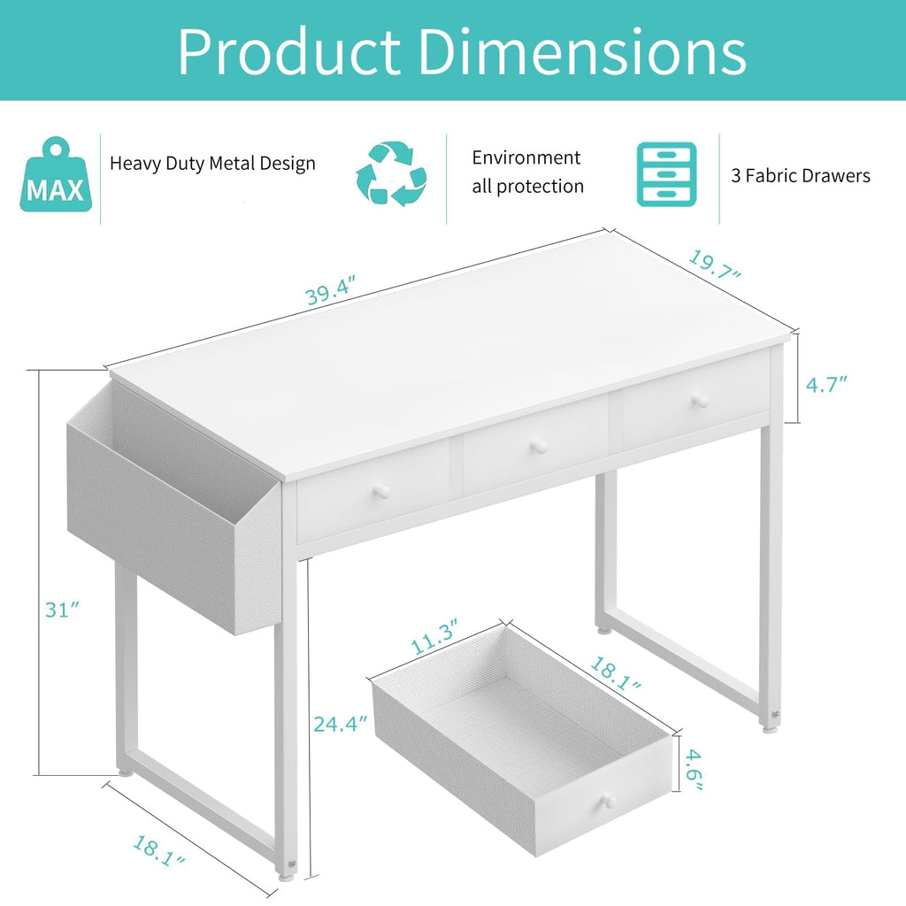 Lufeiya Kleiner Schreibtisch Weiß mit 3 Schubladen,PC Schreibtisch 100cm Klein Computertisch mit Stauraum für Büro HomeOffice 100x50x79 cm