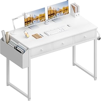 Lufeiya Kleiner Schreibtisch Weiß mit 3 Schubladen,PC Schreibtisch 100cm Klein Computertisch mit Stauraum für Büro HomeOffice 100x50x79 cm