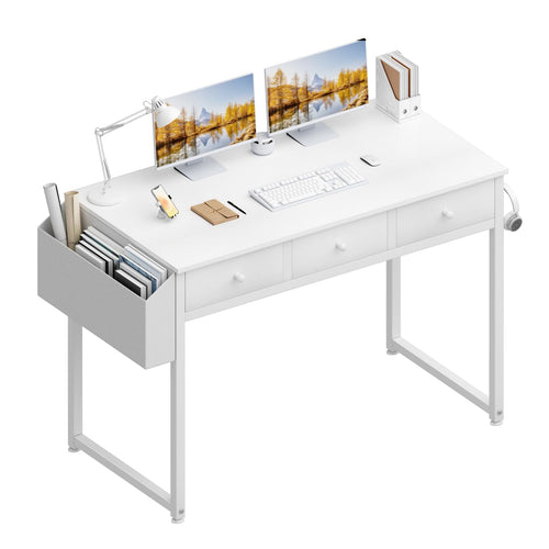 Lufeiya Kleiner Schreibtisch Weiß mit 3 Schubladen,PC Schreibtisch 100cm Klein Computertisch mit Stauraum für Büro HomeOffice 100x50x79 cm