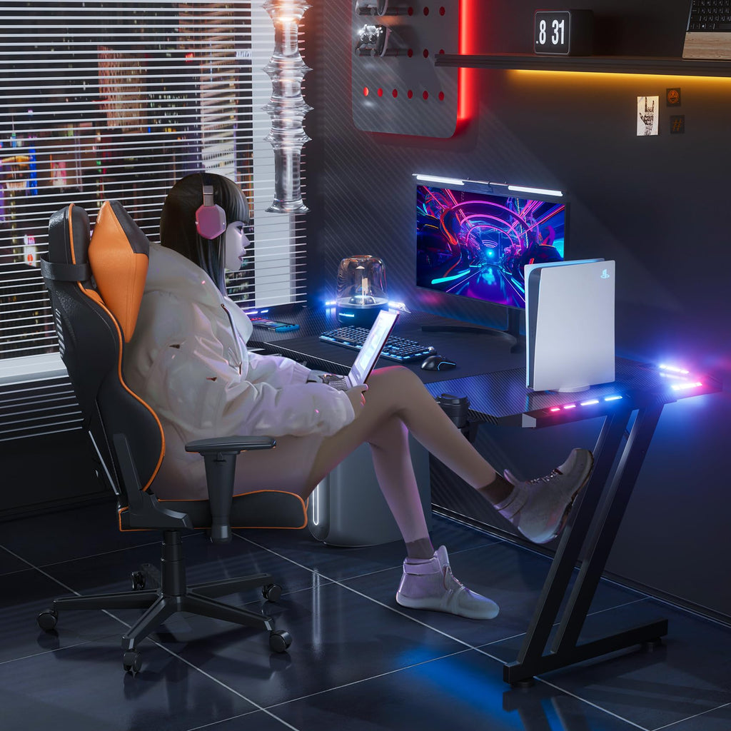 HLONONE Gaming Tisch mit LED, 120x60 cm, Stabiler Computertisch