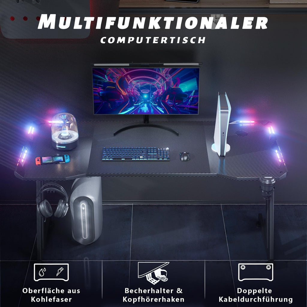 HLONONE Gaming Tisch mit LED, 120x60 cm, Stabiler Computertisch