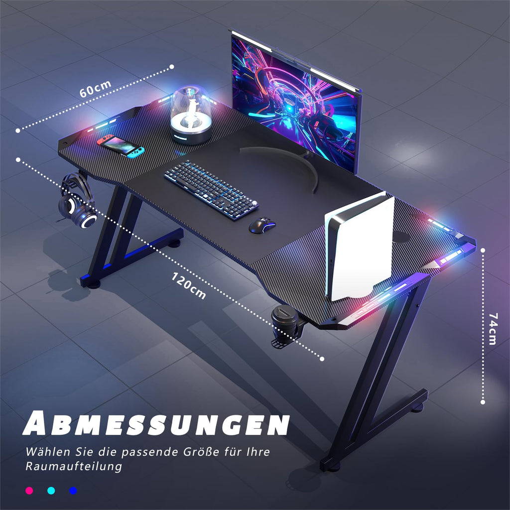 HLONONE Gaming Tisch mit LED, 120x60 cm, Stabiler Computertisch