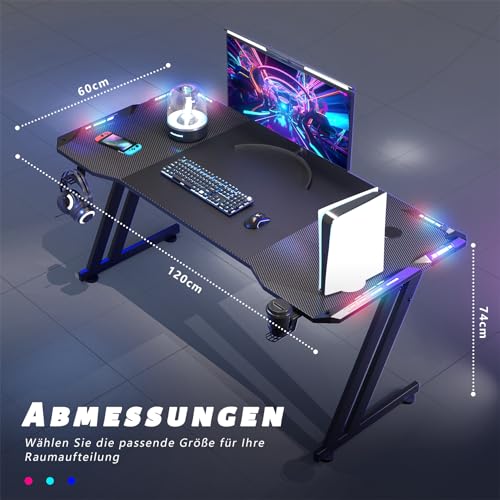 HLONONE Gaming Tisch mit LED, 120x60 cm, Stabiler Computertisch