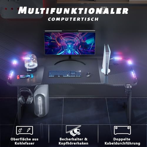 HLONONE Gaming Tisch mit LED, 120x60 cm, Stabiler Computertisch