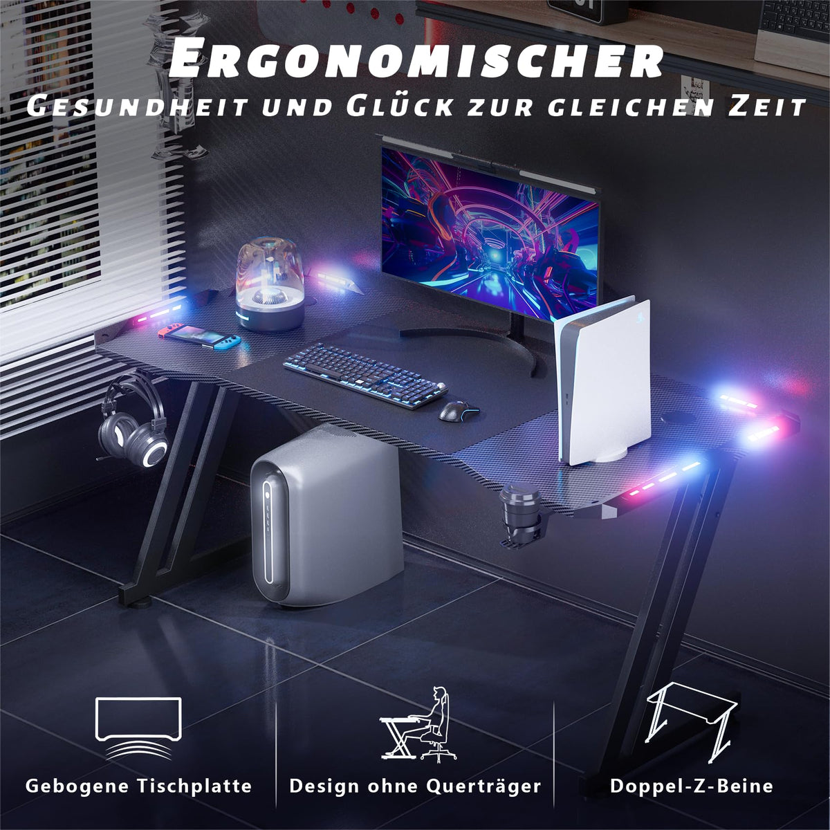 HLONONE Gaming Tisch mit LED, 120x60 cm, Stabiler Computertisch