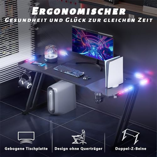 HLONONE Gaming Tisch mit LED, 120x60 cm, Stabiler Computertisch
