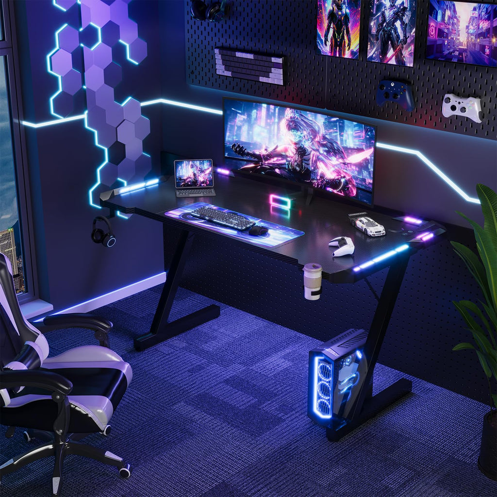 Devoko 120 x 60 cm Gaming Tisch, Gaming Schreibtisch mit LED