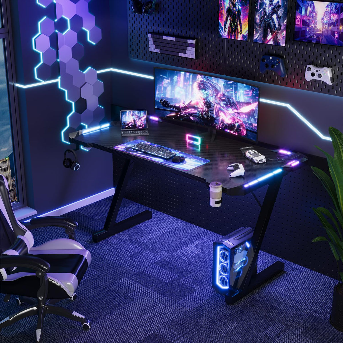 Devoko 120 x 60 cm Gaming Tisch, Gaming Schreibtisch mit LED