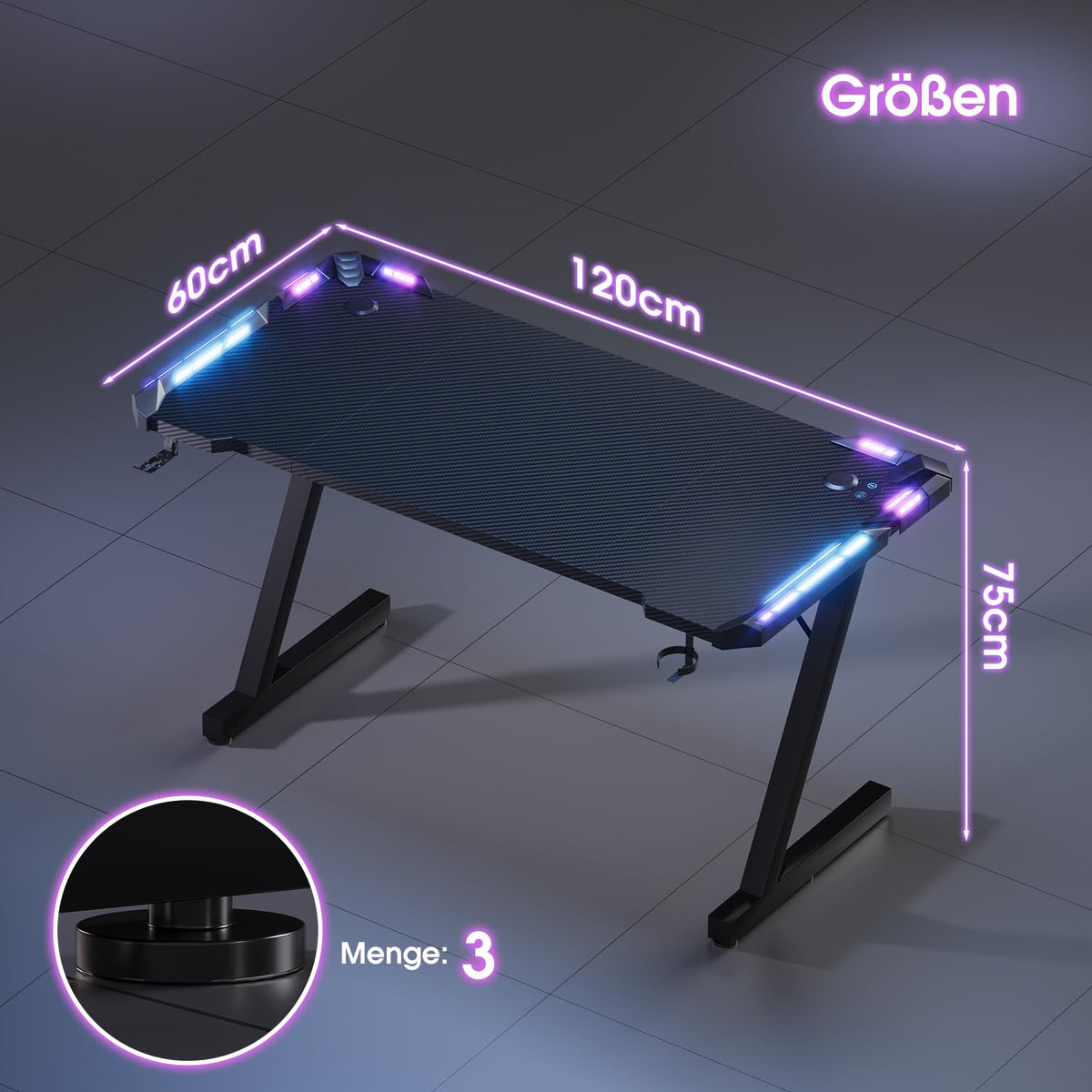 Devoko 120 x 60 cm Gaming Tisch, Gaming Schreibtisch mit LED