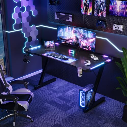 Devoko 120 x 60 cm Gaming Tisch, Gaming Schreibtisch mit LED