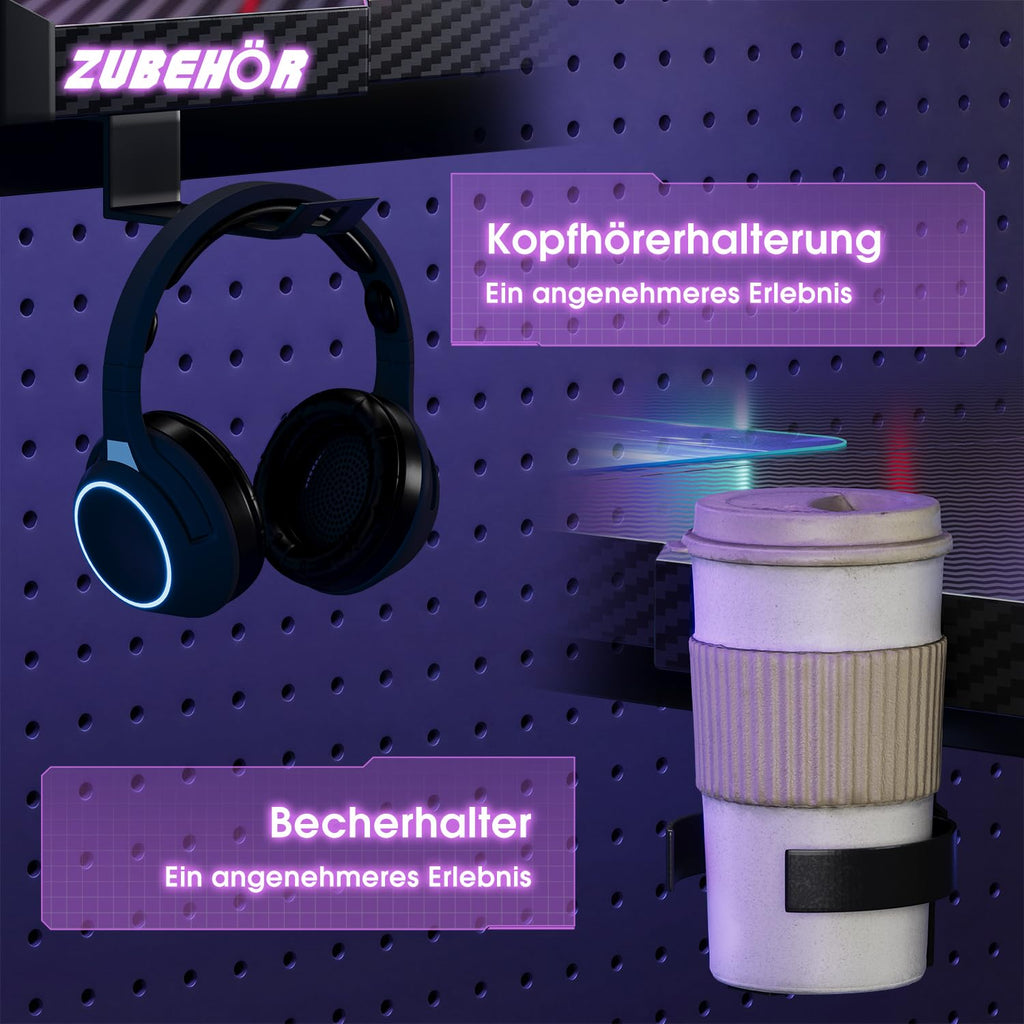 Devoko 120 x 60 cm Gaming Tisch, Gaming Schreibtisch mit LED