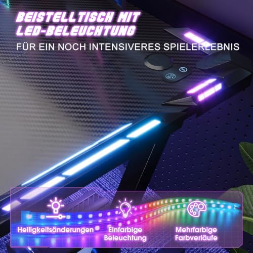 Devoko 120 x 60 cm Gaming Tisch, Gaming Schreibtisch mit LED
