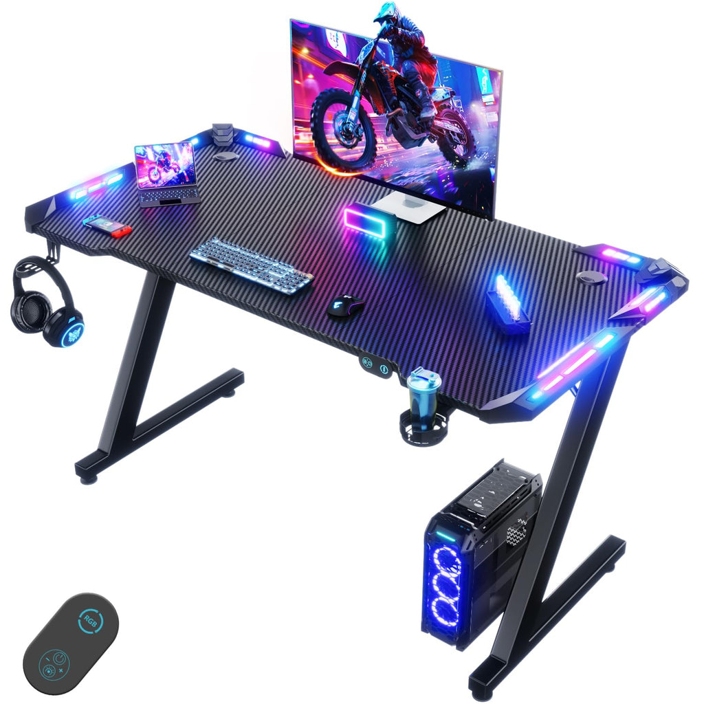 Devoko 120 x 60 cm Gaming Tisch, Gaming Schreibtisch mit LED
