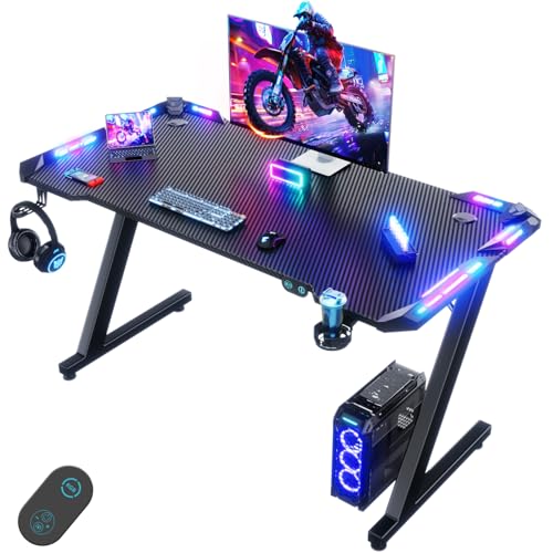 Devoko 120 x 60 cm Gaming Tisch, Gaming Schreibtisch mit LED