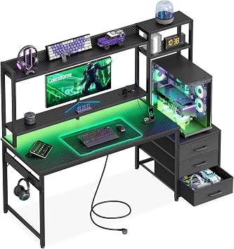 Coleshome Gaming Tisch mit Regal und Schubladen, 137 × 48 cm, Schwarz