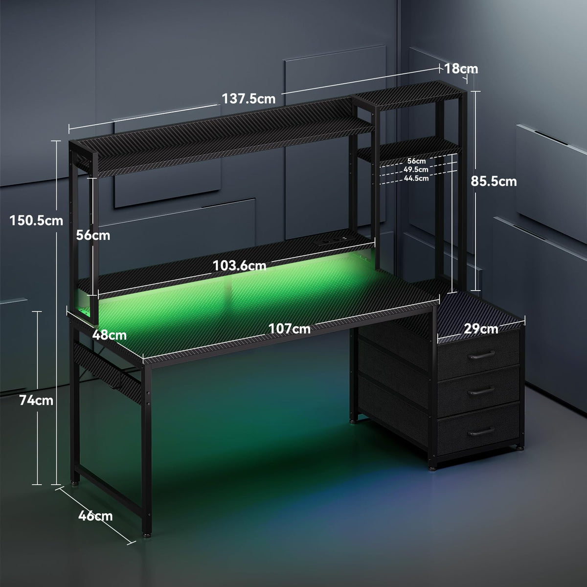 Coleshome Gaming Tisch mit Regal und Schubladen, 137 × 48 cm, Schwarz