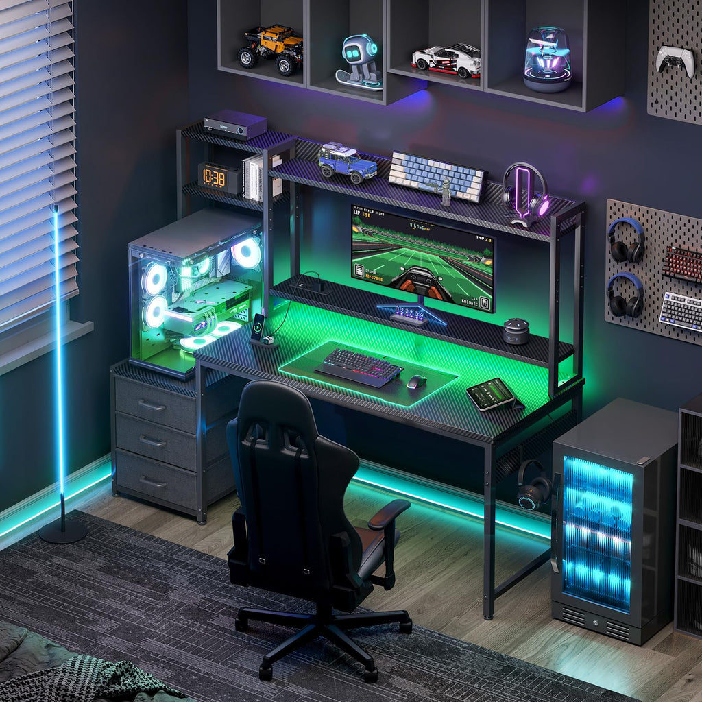 Coleshome Gaming Tisch mit Regal und Schubladen, 137 × 48 cm, Schwarz