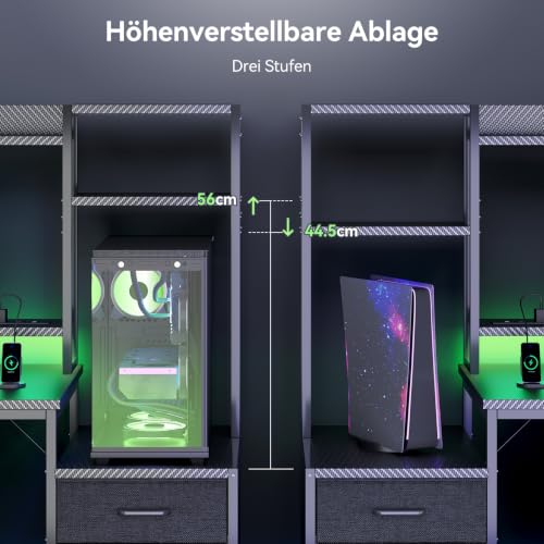 Coleshome Gaming Tisch mit Regal und Schubladen, 137 × 48 cm, Schwarz