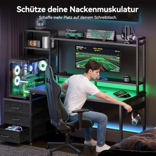 Coleshome Gaming Tisch mit Regal und Schubladen, 137 × 48 cm, Schwarz