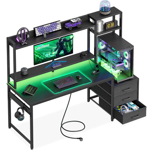Coleshome Gaming Tisch mit Regal und Schubladen, 137 × 48 cm, Schwarz