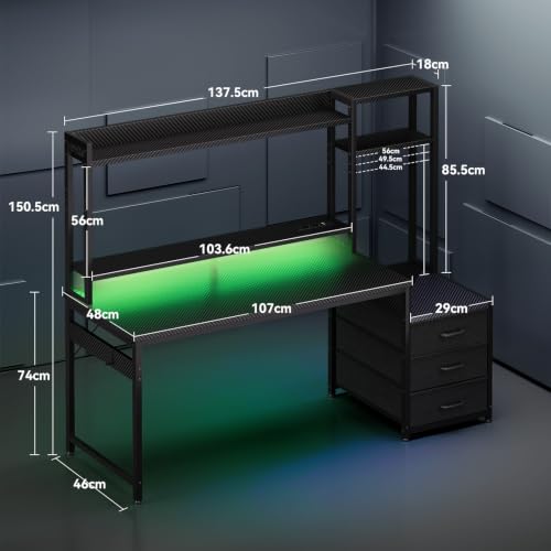 Coleshome Gaming Tisch mit Regal und Schubladen, 137 × 48 cm, Schwarz