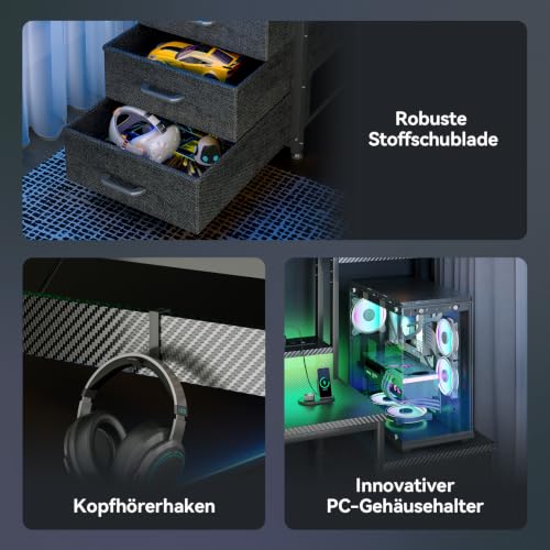 Coleshome Gaming Tisch mit Regal und Schubladen, 137 × 48 cm, Schwarz