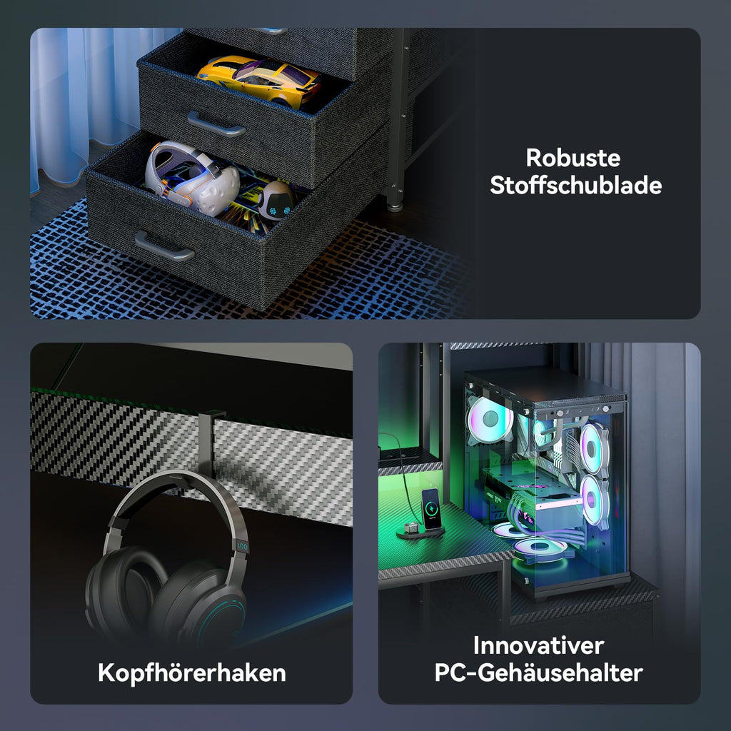 Coleshome Gaming Tisch mit Regal und Schubladen, 137 × 48 cm, Schwarz