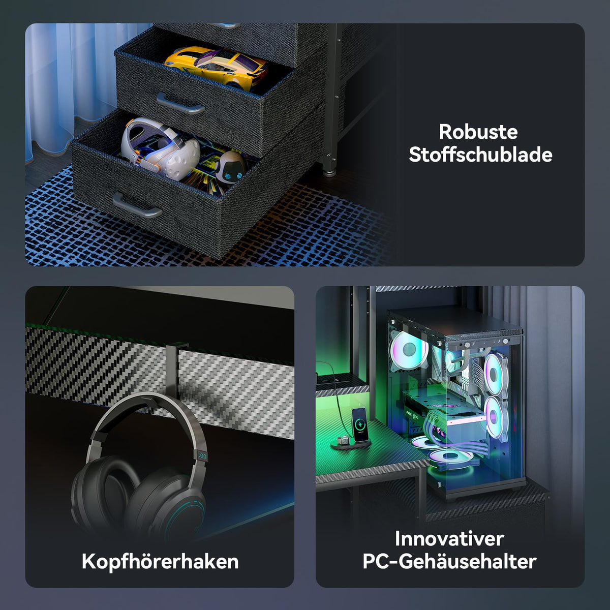 Coleshome Gaming Tisch mit Regal und Schubladen, 137 × 48 cm, Schwarz