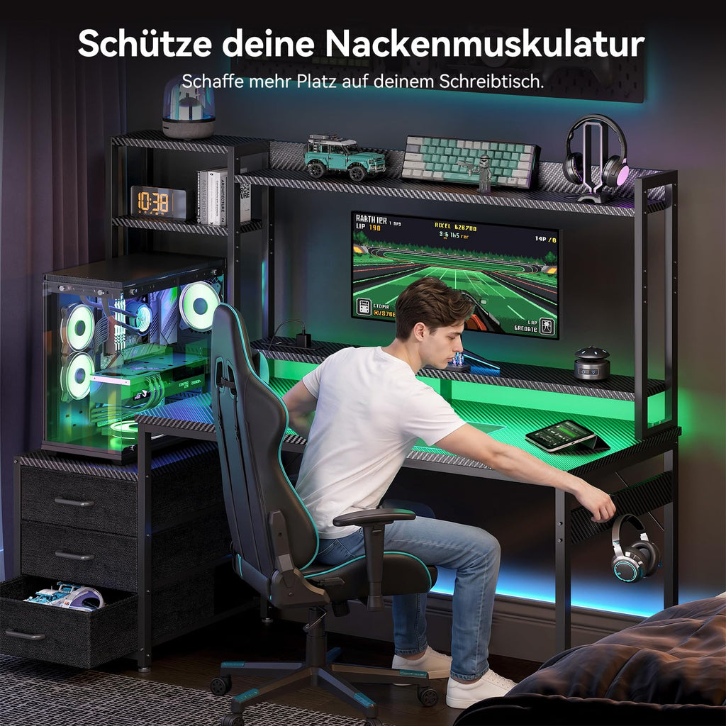 Coleshome Gaming Tisch mit Regal und Schubladen, 137 × 48 cm, Schwarz