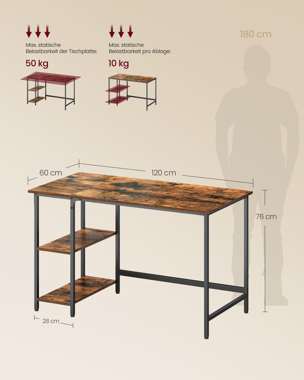 VASAGLE Computertisch, Bürotisch, moderner Stil, 120 x 60 x 76 cm