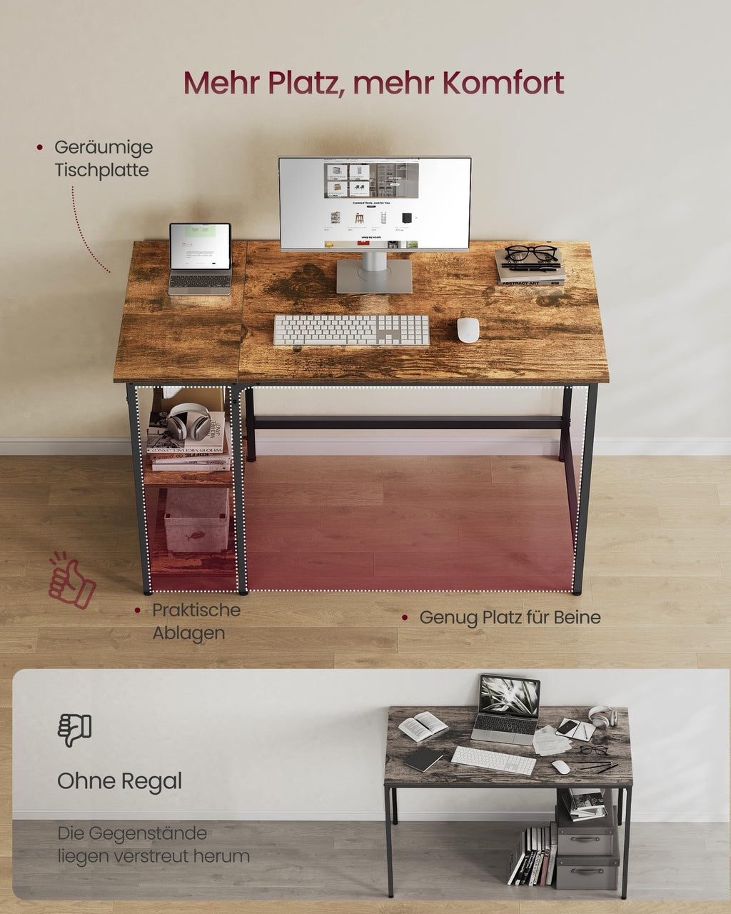 VASAGLE Computertisch, Bürotisch, moderner Stil, 120 x 60 x 76 cm