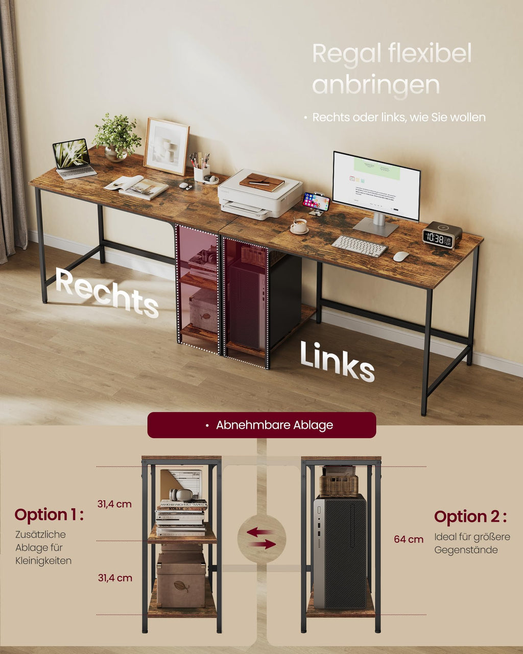 VASAGLE Computertisch, Bürotisch, moderner Stil, 120 x 60 x 76 cm