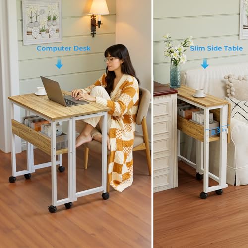 GreenForest Kleiner Schreibtisch klappbarer mit Rollen 63 cm, Beige