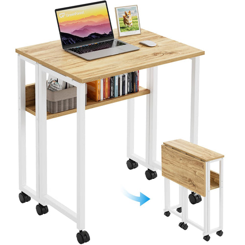 GreenForest Kleiner Schreibtisch klappbarer mit Rollen 63 cm, Beige