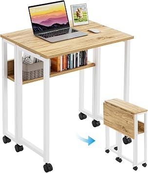 GreenForest Kleiner Schreibtisch klappbarer mit Rollen 63 cm, Beige