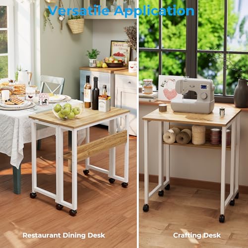 GreenForest Kleiner Schreibtisch klappbarer mit Rollen 63 cm, Beige