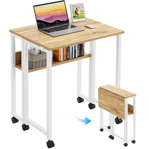 GreenForest Kleiner Schreibtisch klappbarer mit Rollen 63 cm, Beige