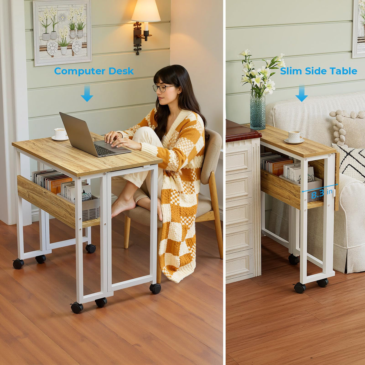 GreenForest Kleiner Schreibtisch klappbarer mit Rollen 63 cm, Beige