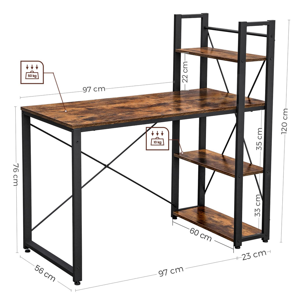 VASAGLE Schreibtisch, mit Regalböden rechts oder Links, 120 cm breiter