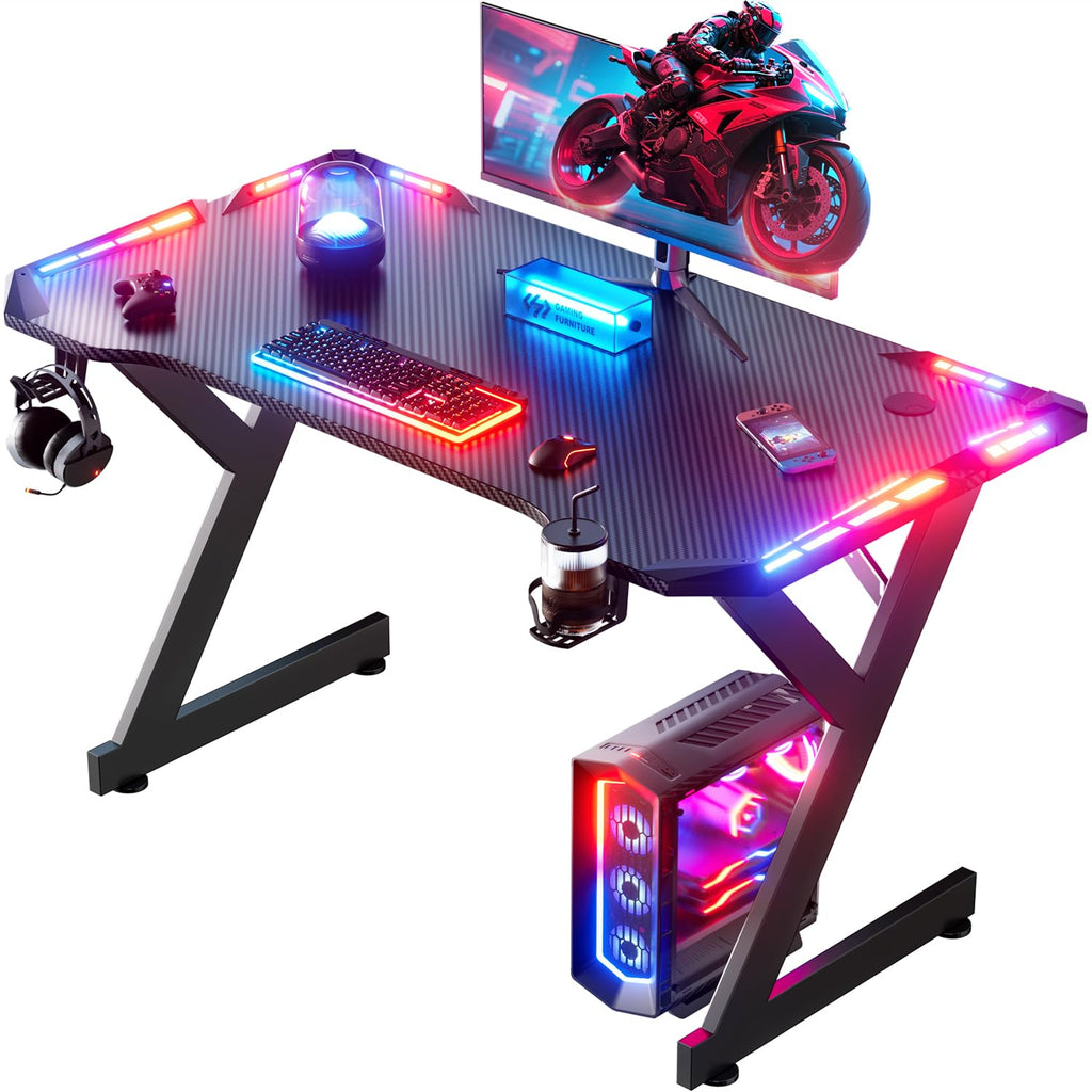 HLONONE Gaming Tisch mit LED, 100cm Computertisch mit Einteilige Tischplatt