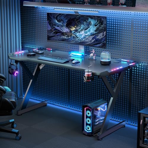 HLONONE Gaming Tisch mit LED, 100cm Computertisch mit Einteilige Tischplatt