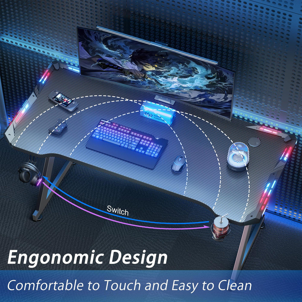 HLONONE Gaming Tisch mit LED, 100cm Computertisch mit Einteilige Tischplatt