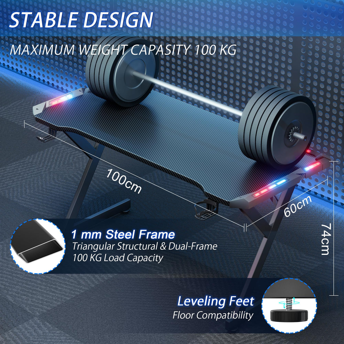 HLONONE Gaming Tisch mit LED, 100cm Computertisch mit Einteilige Tischplatt