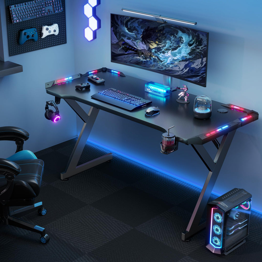 HLONONE Gaming Tisch mit LED, 100cm Computertisch mit Einteilige Tischplatt
