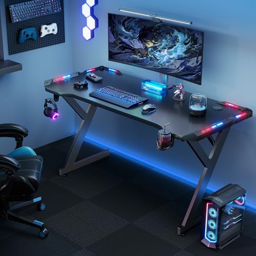 HLONONE Gaming Tisch mit LED, 100cm Computertisch mit Einteilige Tischplatt