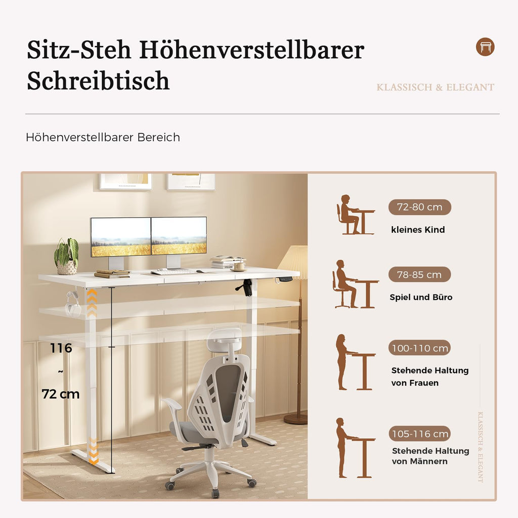 Klicelor Höhenverstellbarer Schreibtisch 120x60 cm mit 2 Speicherplätzen