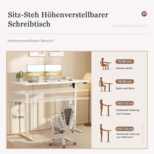 Klicelor Höhenverstellbarer Schreibtisch 120x60 cm mit 2 Speicherplätzen