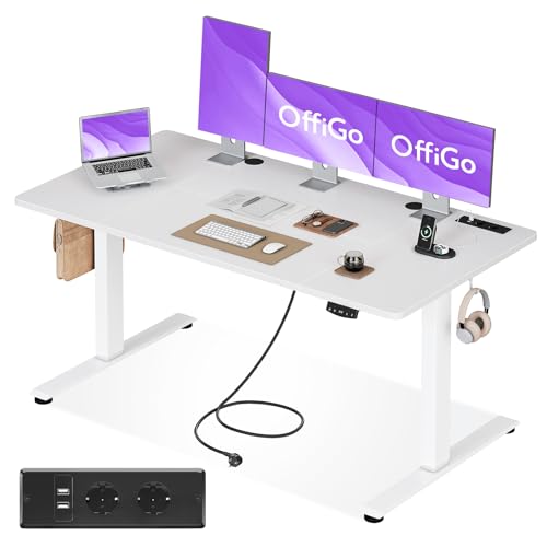 OffiGo Höhenverstellbarer Schreibtisch mit Steckdosen, 160x80cm, Weiß