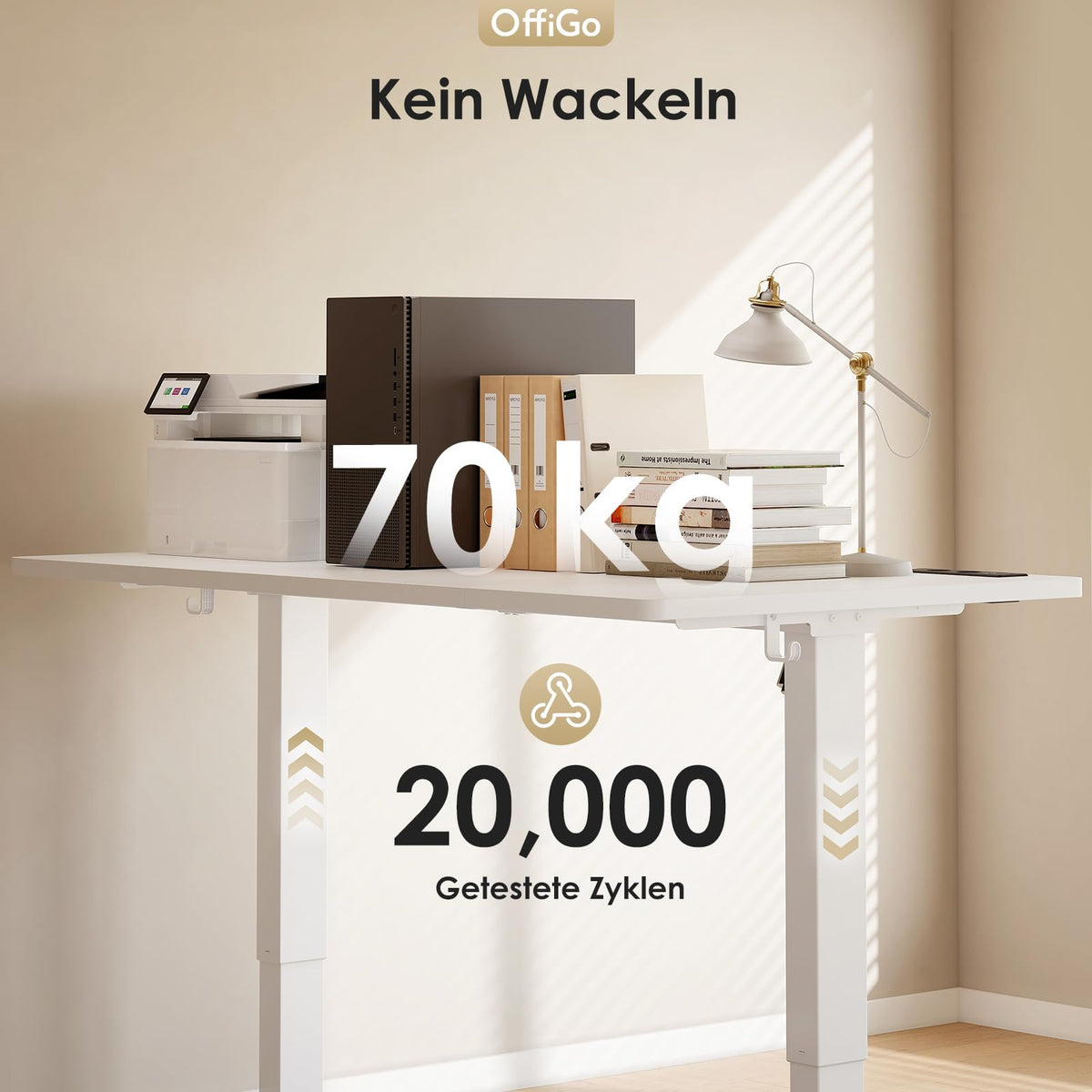 OffiGo Höhenverstellbarer Schreibtisch mit Steckdosen, 160x80cm, Weiß